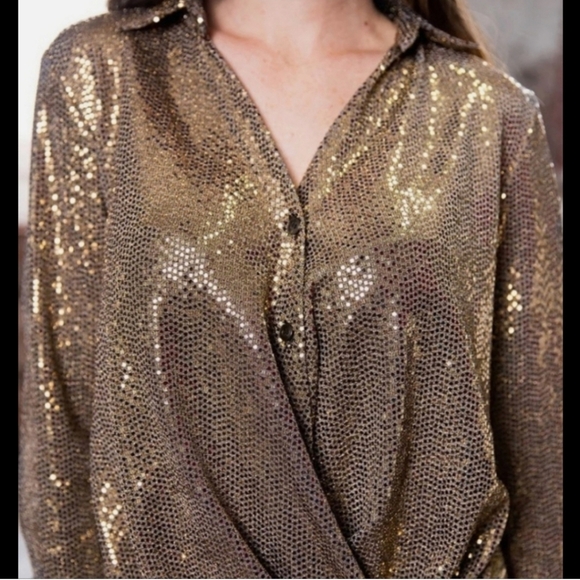 NWT $680 Chloe Kristyn 2 Pieces Sequin Gold Pants and Button Down Blouse Size L - Picture 9 of 14